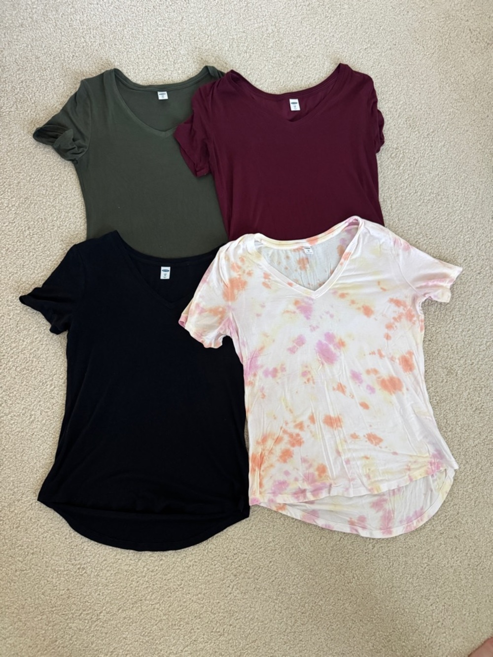 Old Navy 4 Women's V-Neck Short Sleeve Luxe Tee Black, Olive, Burgundy, Tie-Dye